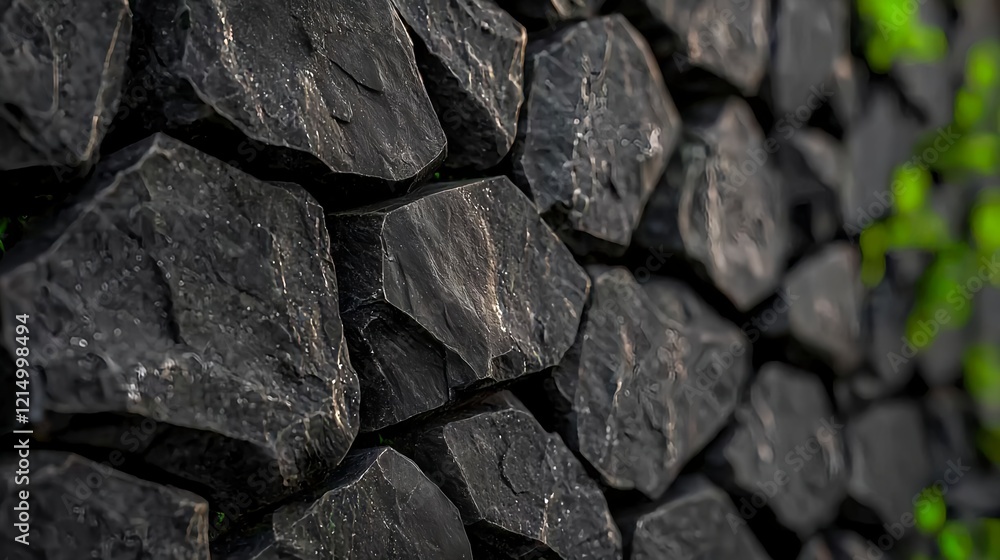 Textured Dark Hexagonal Stones with Green Plant Background Textured Dark Hexagonal Stones with Green Plant Background