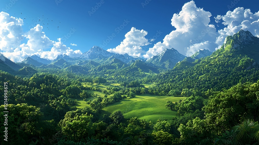 Lush Green Valley Surrounded by Majestic Mountains and Blue Sky Lush Green Valley Surrounded by Majestic Mountains and Blue Sky