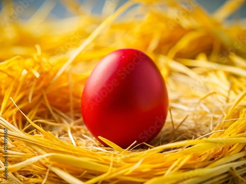 Happy Easter: Red Egg on Yellow Hay - Festive Spring Stock Photo photo