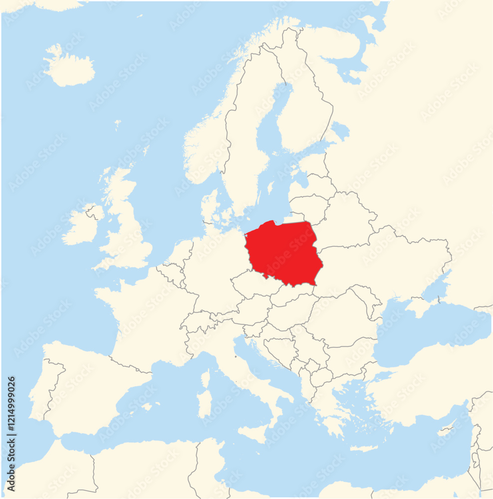 Obraz premium Location Map of the country Poland in Europe. The country is highlighted with a red polygon. No labels at all.