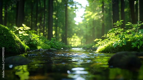 Wallpaper Mural Tranquil Stream Flowing Through Lush Green Forest with Sunlight Torontodigital.ca