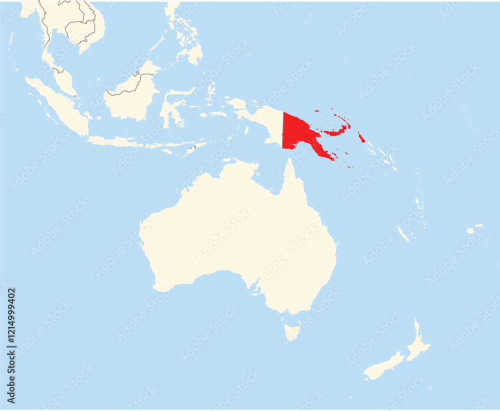 Obraz premium Location Map of the country Papua New Guinea in Australia. The country is highlighted with a red polygon. No labels at all.