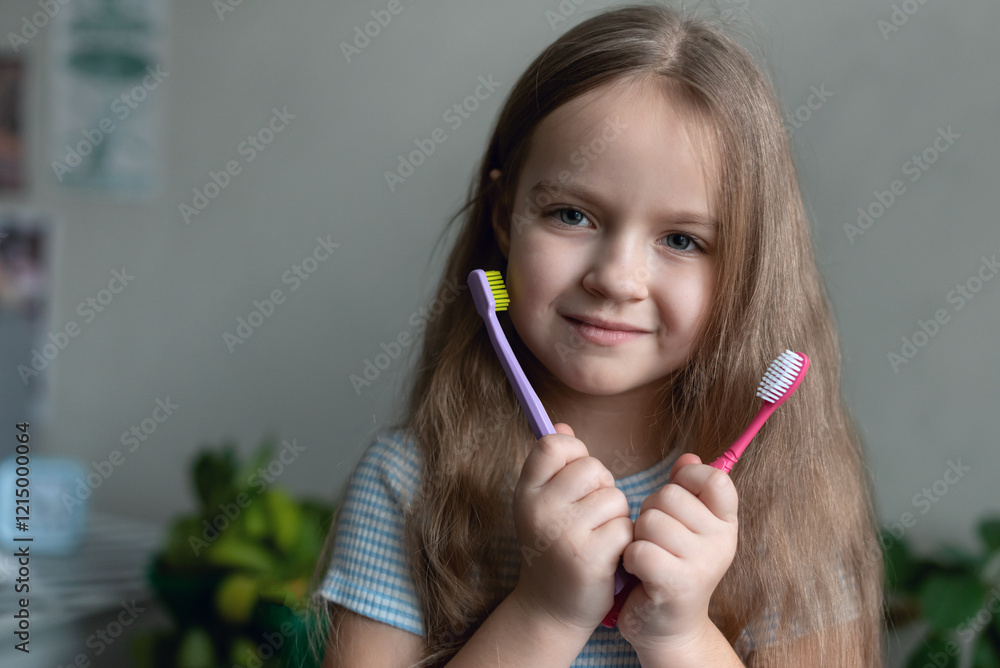 Caucasian young girl holding two toothbrushes smiling at home Caucasian young girl holding two toothbrushes smiling at home