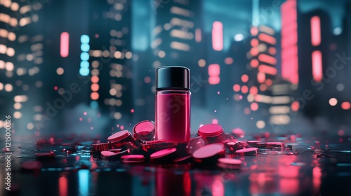 A vibrant red bottle surrounded by matching capsules, set against a futuristic cityscape with neon lights. Perfect for promoting modern wellness products or innovative pharmaceuticals photo