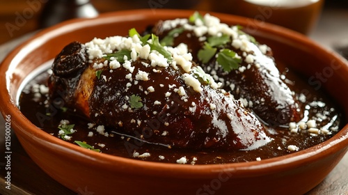 Delicious mole poblano chicken dish with crumbled cheese and cilantro, ready to eat photo