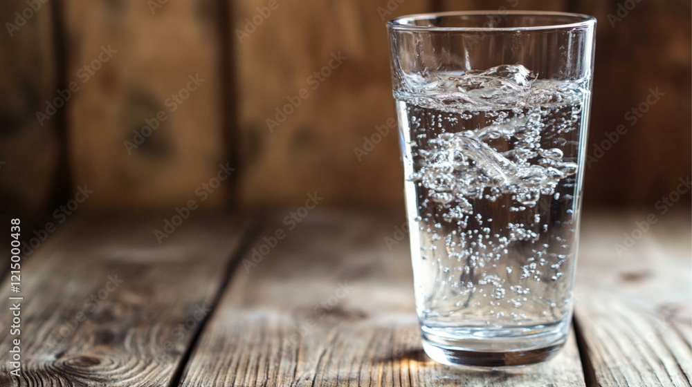 Fresh water in a transparent glass on a wooden surface Fresh water in a transparent glass on a wooden surface