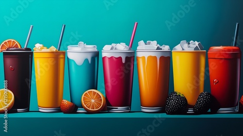 A colorful lineup of refreshing beverages featuring vibrant smoothies and juices, garnished with fruits. Perfect for promoting healthy drinks, cafes, or beverage brands photo