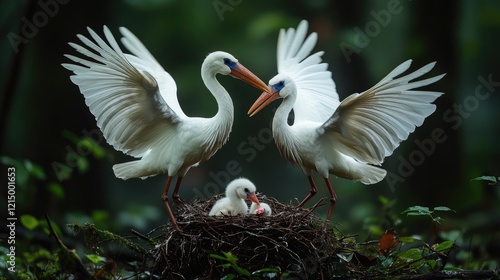 White storks nesting, wings spread, forest background, wildlife family