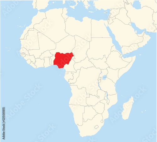 Location Map of the country Nigeria in Africa. The country is highlighted with a red polygon. No labels at all.