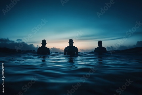 Three people standing in the water at dusk, with a beautiful sky and a peaceful atmosphere in the background photo