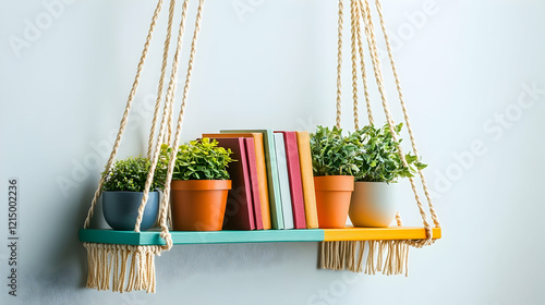 A vibrant hanging shelf with macrama ropes, showcasing small potted plants and books against a light background photo