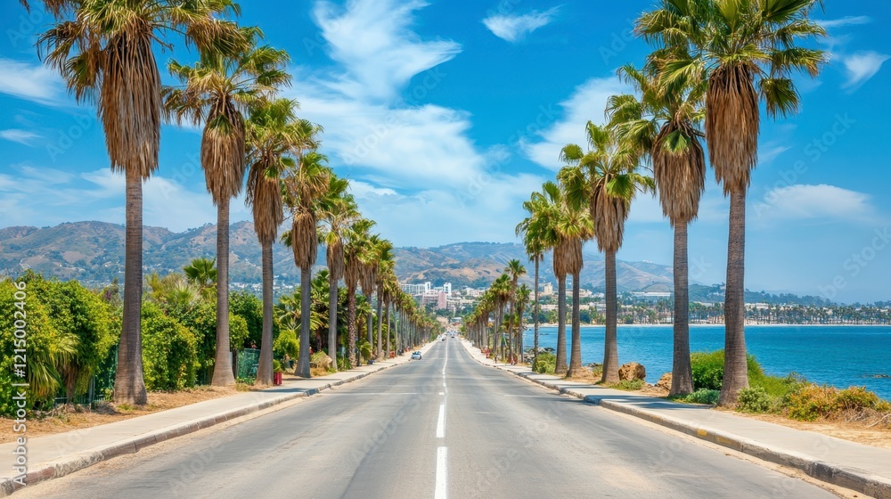 Scenic Coastal Highway Lined with Palm Trees on a Sunny Day Scenic Coastal Highway Lined with Palm Trees on a Sunny Day