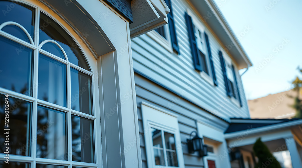 Fototapeta premium Elegant Home Exterior: Grey House with White Trim and Classic Windows. Beautiful architectural details and design elements of a residential property.