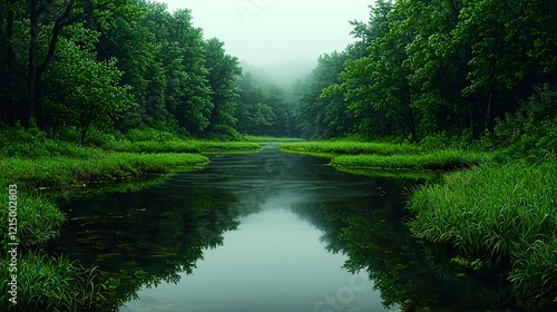 Tranquil River Scene Surrounded by Lush Green Forest in Mist
