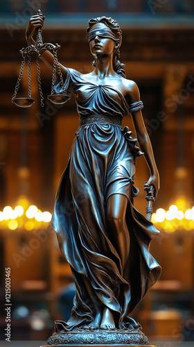 Bronze statue of lady justice holding scales and a sword in a grand interior with warm lighting