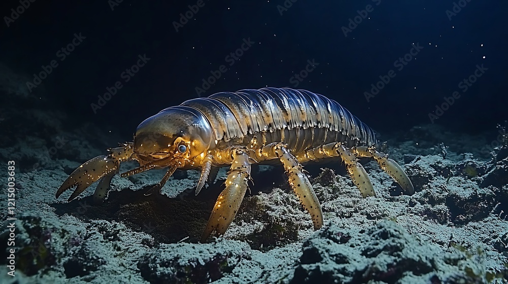 Giant isopod crawling across dark rocky seabed in the deep ocean its armored body illuminated by faint bioluminescent light captured with a macro lens for eerie close up realism Giant isopod crawling across dark rocky seabed in the deep ocean its armored body illuminated by faint bioluminescent light captured with a macro lens for eerie close up realism