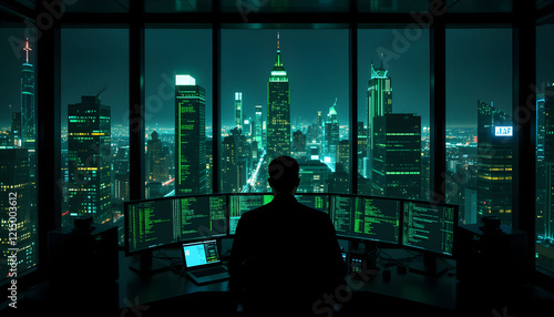 Man in Front of PC Screen with Digital Numbers, Hacking and Cybersecurity Concept in a Dark Environment