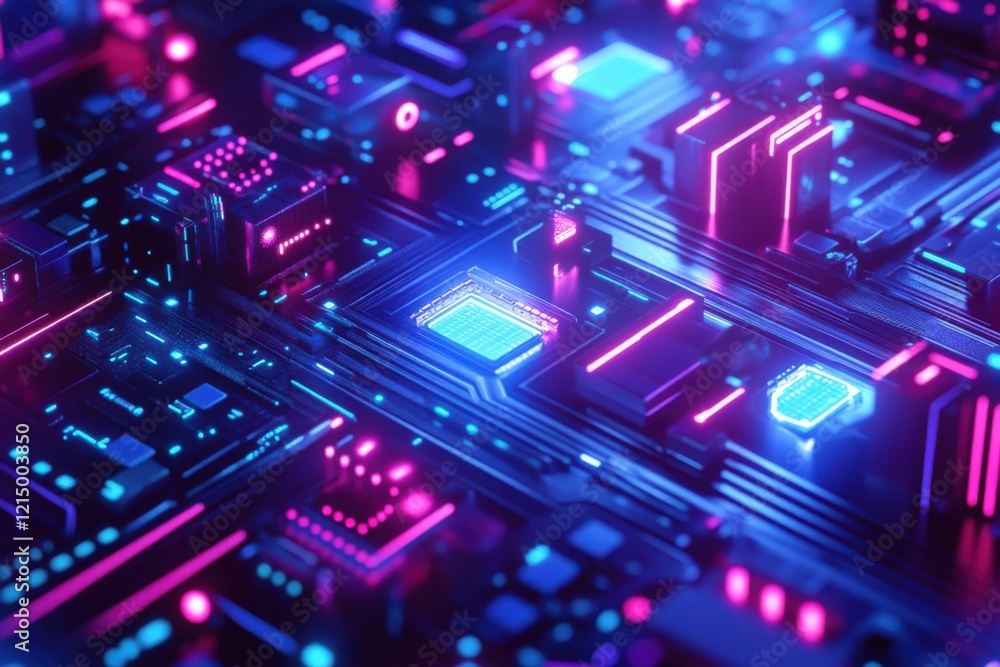 Fototapeta premium Modern digital abstract 3D surface background. Modern technologies. Micro chip. Generation AI.