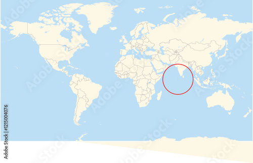 Location Map of the country Maldives in Seven seas. The country is highlighted with a red polygon. No labels at all.