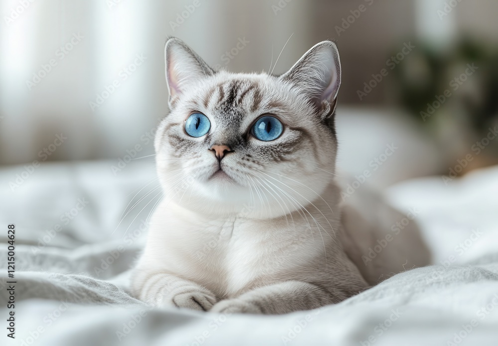 Close-up of an adorable white cat with striking blue eyes lounging comfortably on a bed, showcasing a calm and majestic demeanor in a cozy, bright indoor setting. Close-up of an adorable white cat with striking blue eyes lounging comfortably on a bed, showcasing a calm and majestic demeanor in a cozy, bright indoor setting.