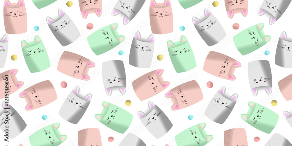 Very cute vector pattern with pink blue white marshmallows that look like cats, 3d image, background Very cute vector pattern with pink blue white marshmallows that look like cats, 3d image, background