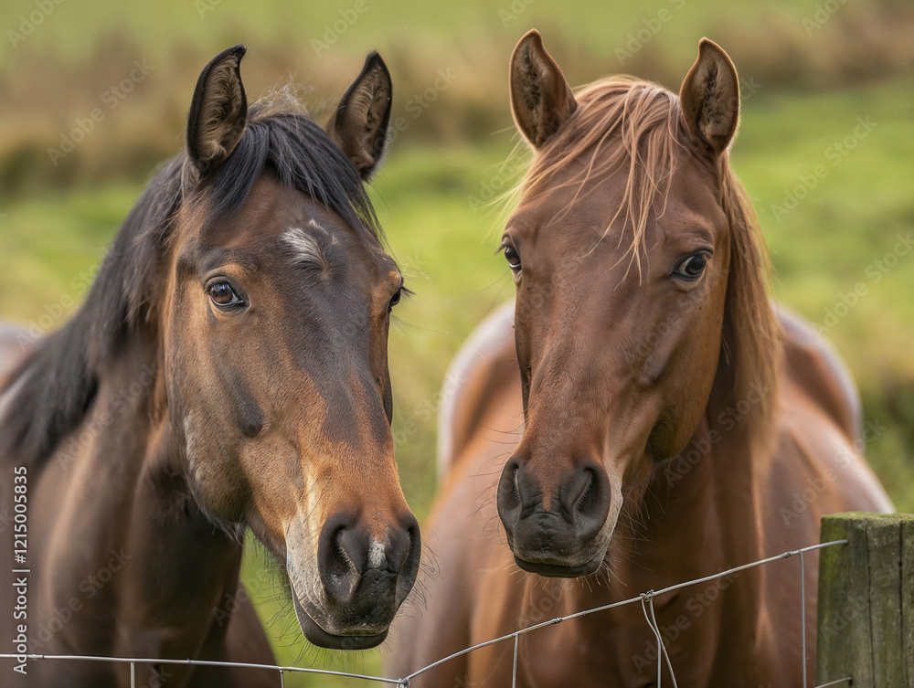 Obraz premium Two horses, one chestnut and one dark brown, stand side-by-side in a serene rural field, displaying alert expressions.
