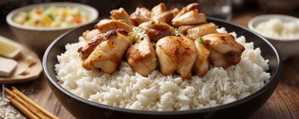 Chicken and rice bowl with juicy chicken pieces and steaming hot rice , food, protein-rich , meal