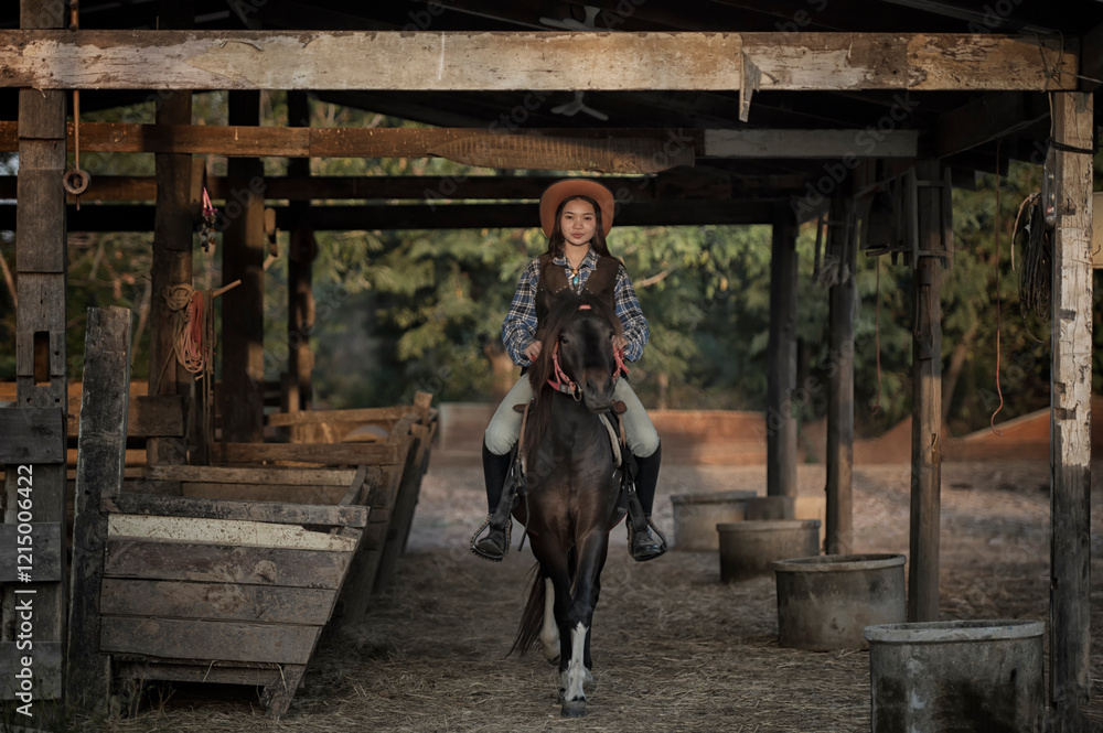 woman  riding a horse in farm.