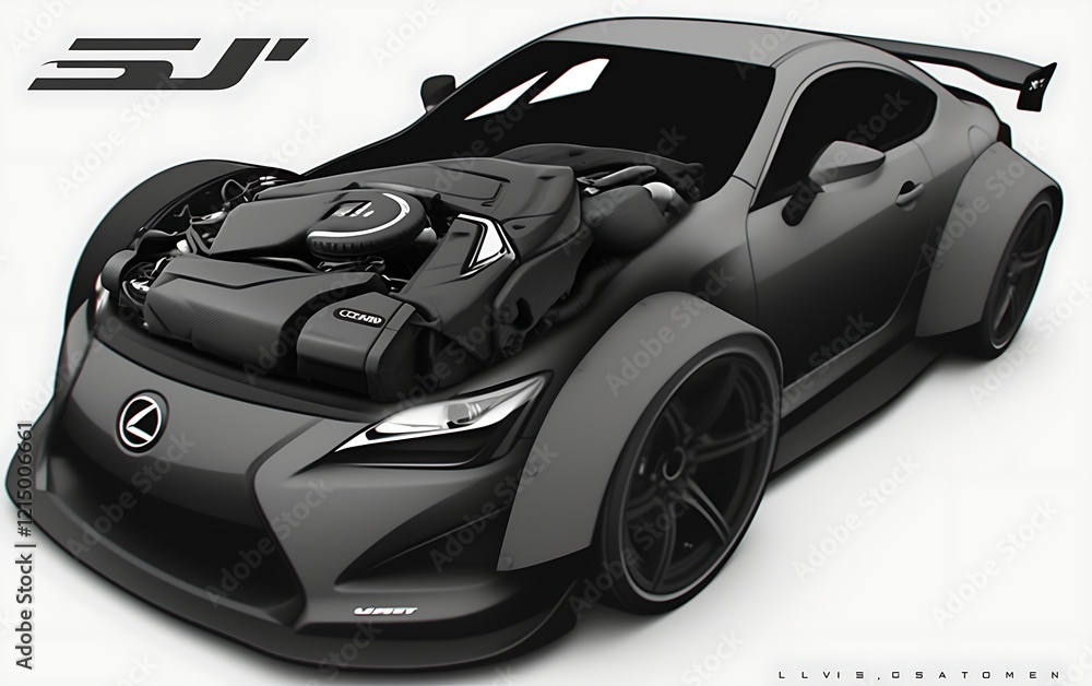Black custom sports car with exposed engine. Black custom sports car with exposed engine.