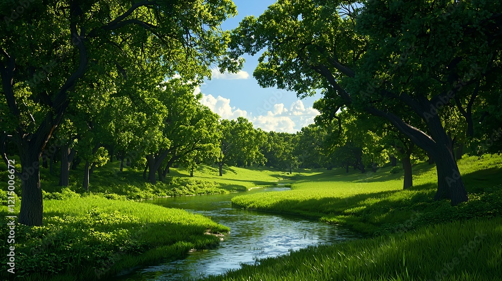 Obraz premium Serene Green Forest with Gentle Stream Surrounded by Lush Foliage