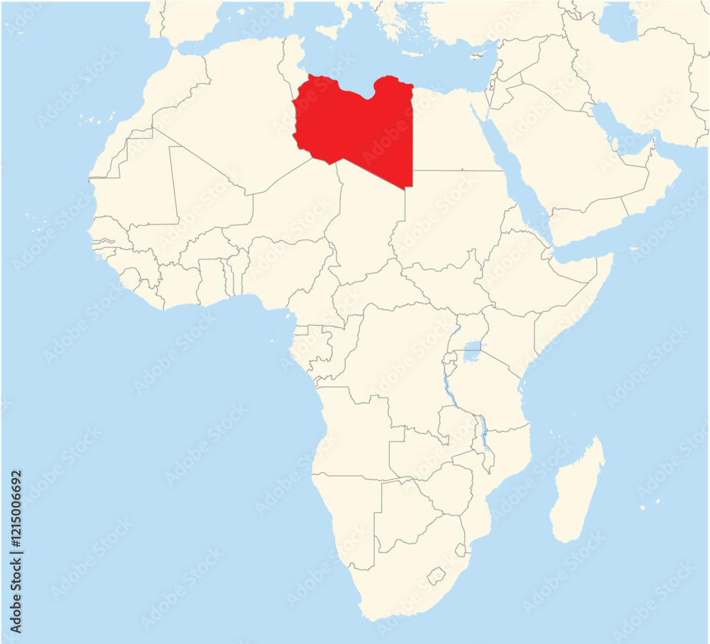 Naklejka premium Location Map of the country Libya in Africa. The country is highlighted with a red polygon. No labels at all.