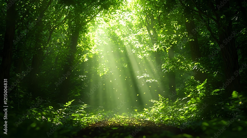 Sunlight Beams Through Dense Green Forest Canopy in Tranquil Setting Sunlight Beams Through Dense Green Forest Canopy in Tranquil Setting