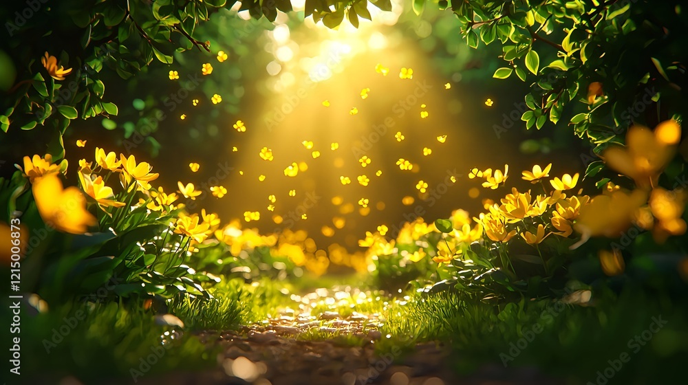 Tranquil Pathway Through Lush Greenery and Bright Yellow Flowers Tranquil Pathway Through Lush Greenery and Bright Yellow Flowers