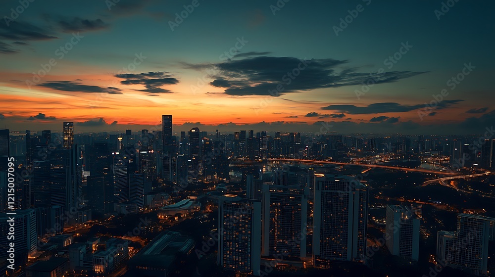 Fototapeta premium Cityscape at Sunset Golden Hues Illuminate Skyscrapers