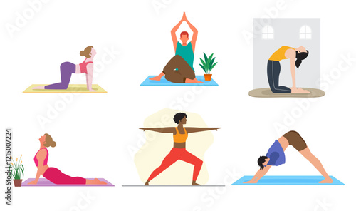 diverse individual performing different yoga poses mat mindfulness flexibility healthy lifestyle personal trainer workout wellness exercise vector illustration