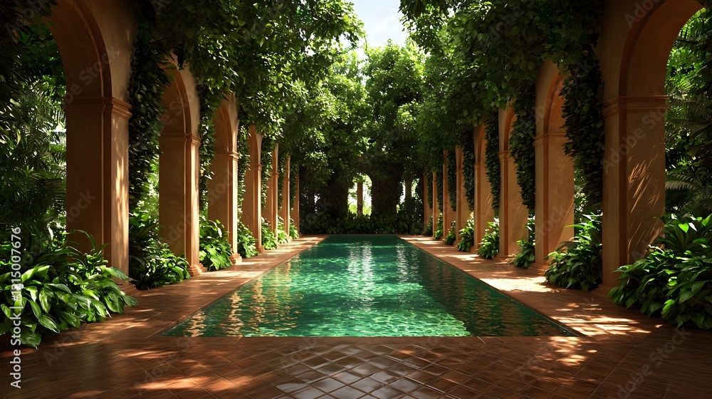 Fototapeta premium Lush Tranquil Pool Surrounded by Greenery and Elegant Architecture