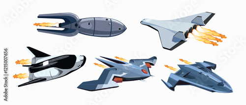 Fleet of advanced spaceships in vector style with futuristic design with shiny engines for interstellar travel on white background.