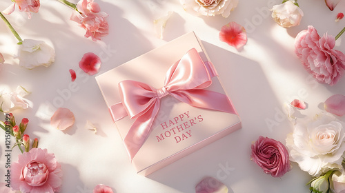 A beautiful pink ribbon with a bunch of flowers is tied around a white sign that says Happy Mother's Day