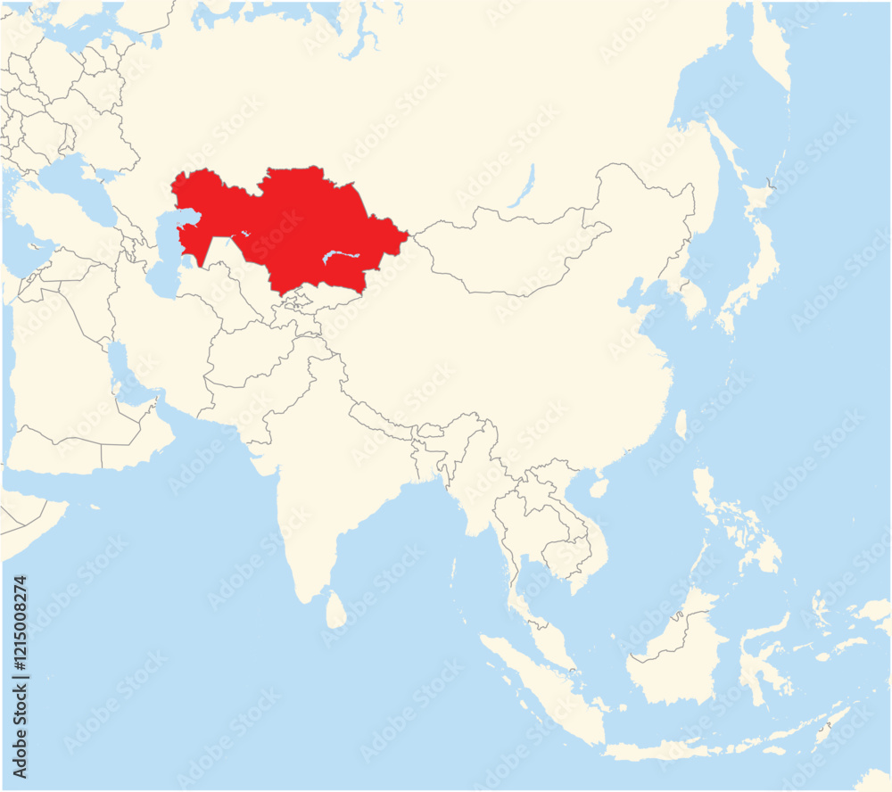 Obraz premium Location Map of the country Kazakhstan in Asia. The country is highlighted with a red polygon. No labels at all.