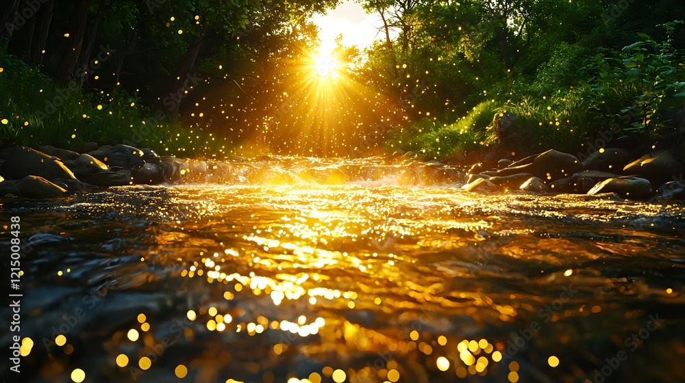 Obraz premium Golden Water Flow with Sunlight Reflection in Forest Landscape