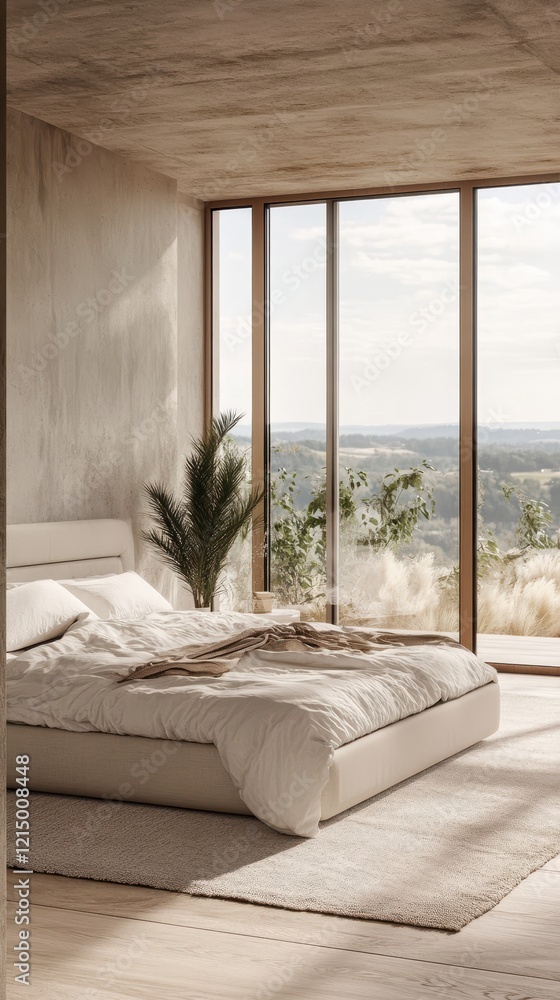 Fototapeta premium Serene Minimalist Bedroom with Panoramic View