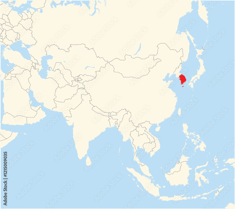 Fototapeta premium Location Map of the country South Korea in Asia. The country is highlighted with a red polygon. No labels at all.