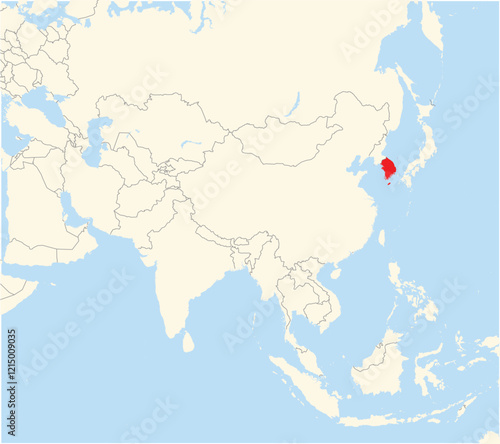 Location Map of the country South Korea in Asia. The country is highlighted with a red polygon. No labels at all.
