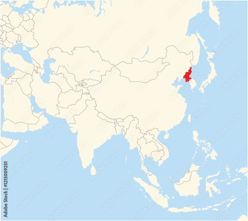 Location Map of the country North Korea in Asia. The country is highlighted with a red polygon. No labels at all. Location Map of the country North Korea in Asia. The country is highlighted with a red polygon. No labels at all.