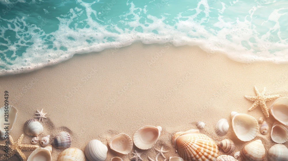 Obraz premium Shells on the sand beach theme background