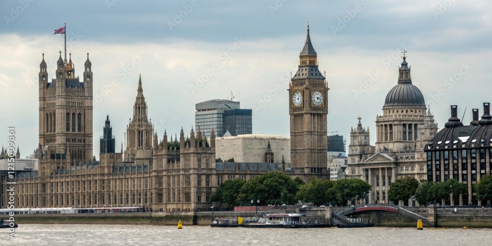 Obraz premium City skyline with iconic landmarks such as clock towers and government buildings, downtown, metropolitan, historic building, architecture