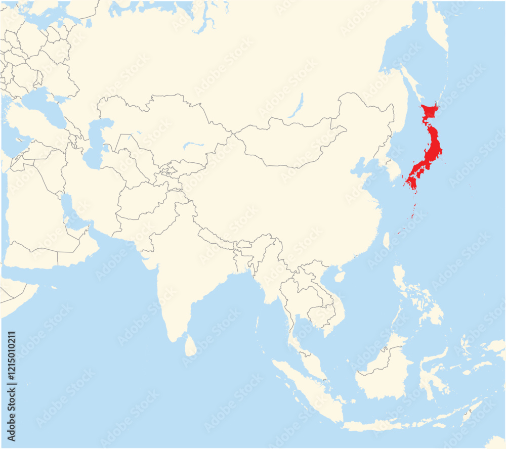 Obraz premium Location Map of the country Japan in Asia. The country is highlighted with a red polygon. No labels at all.