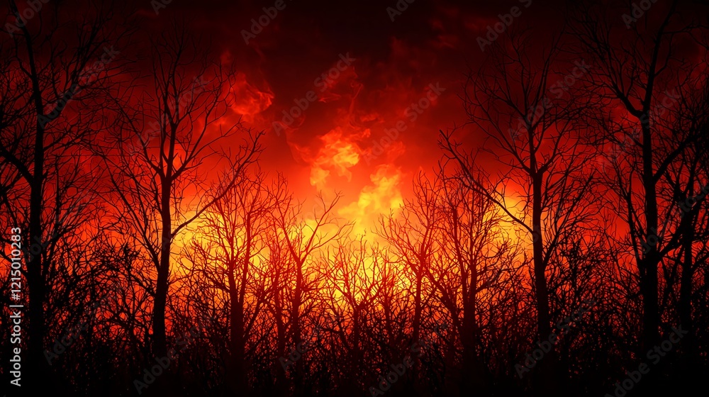 Dramatic Forest Fire at Dusk with Fiery Sky and Silhouetted Trees