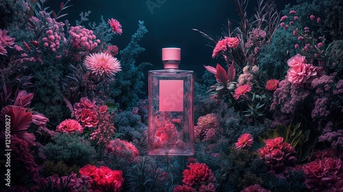 Fototapeta Naklejka Na Ścianę i Meble -  a transparent glass bottle of spring water floating amidst splashing water and glowing pastel gradients. Lush greenery and blooming flowers intertwine with the bottle, creating a surreal, eco-friendly