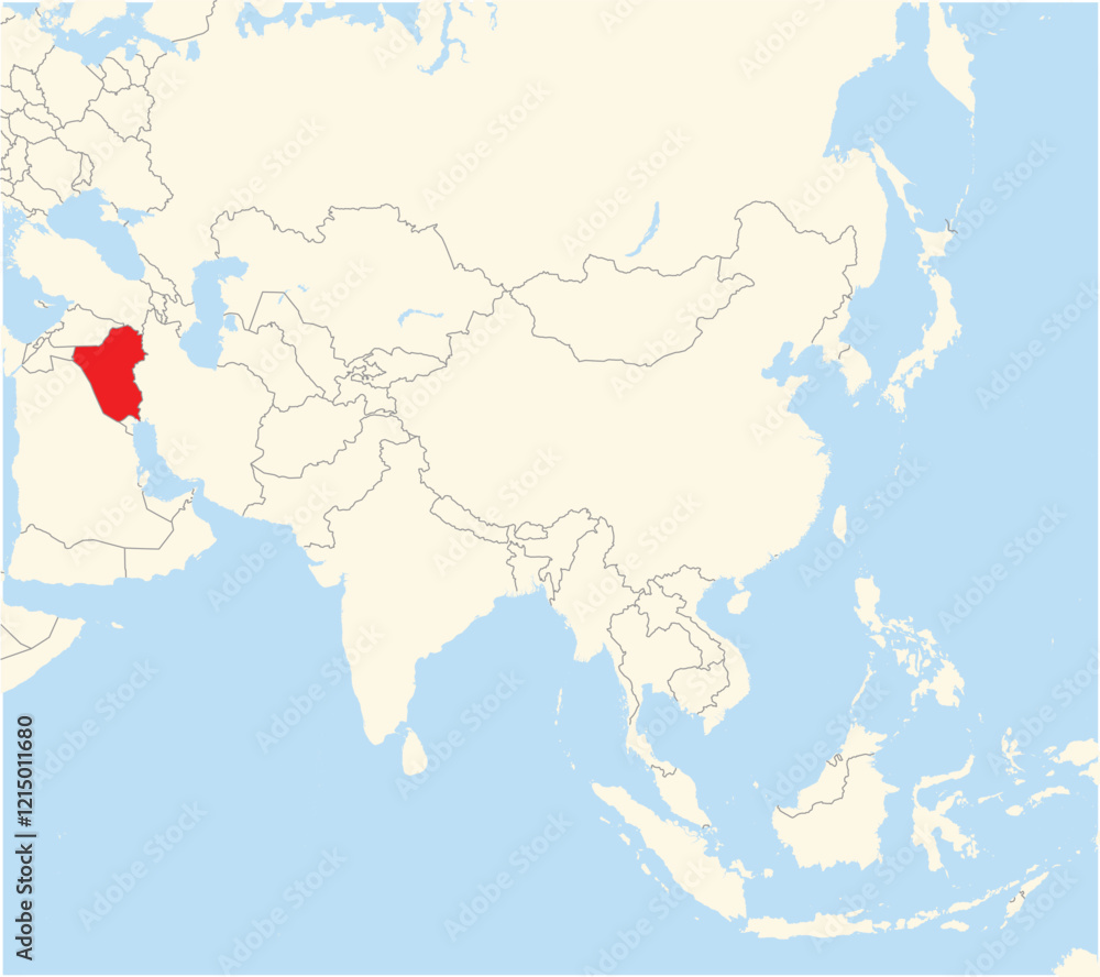 Fototapeta premium Location Map of the country Iraq in Asia. The country is highlighted with a red polygon. No labels at all.